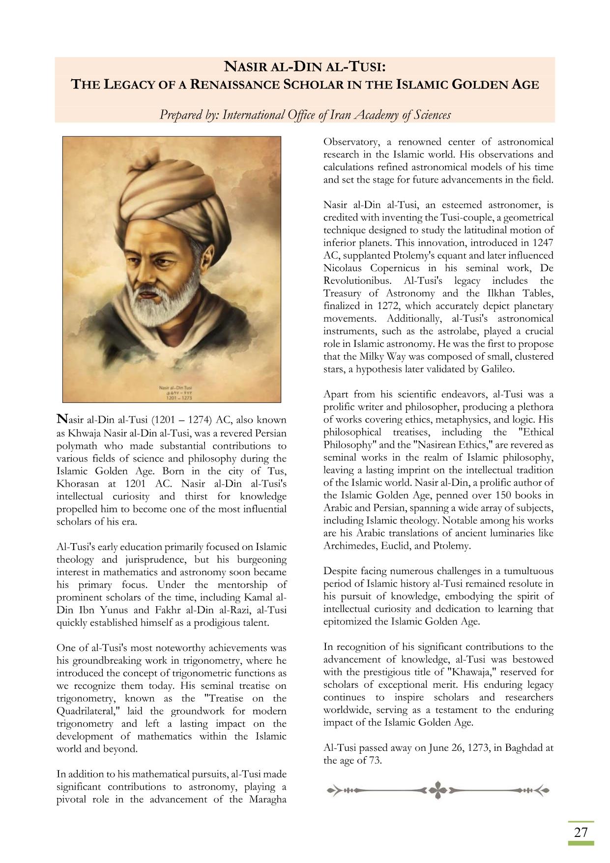 Publication of Nasir al-Din al-Tusi’s Biography in the Islamic World Academy of Sciences’ Newsletter